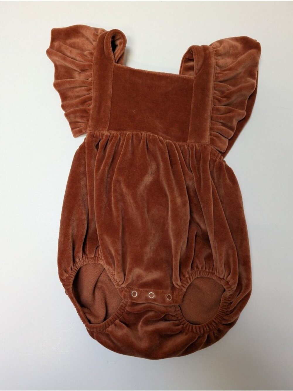 Kate Quinn Gingerbread Velour Ruffle Strap Bubble Romper 12-18 Christmas Organic